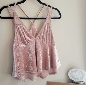 En Creme Light Pink Velour spaghetti strap party shirt with mesh back | XS